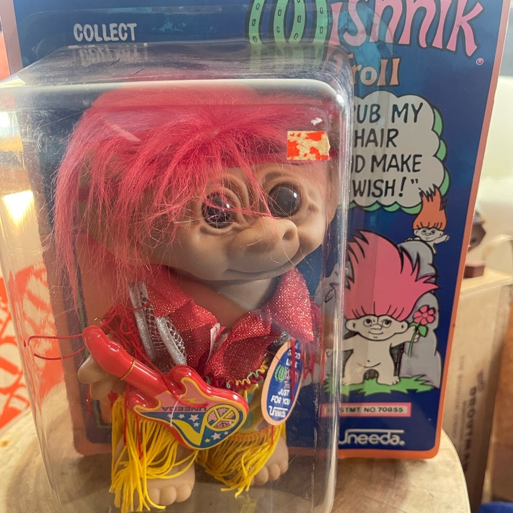 Troll Doll 8” Uneeda Wishnik Rockstar Hippie Guitar Red Hair New In Box Vintage